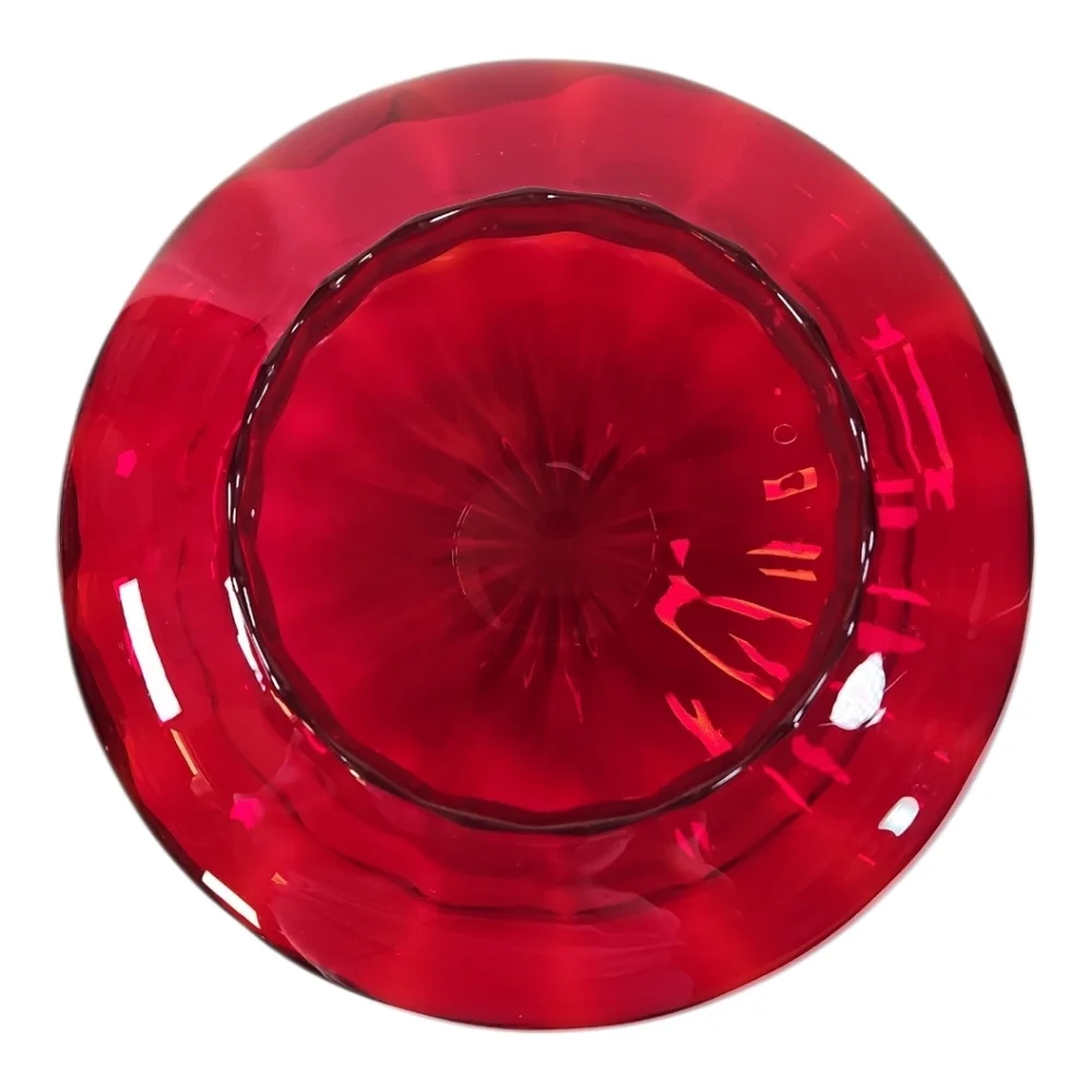 MCM Empoli Art Glass Optic Ruby Red Bowl Vase Lamp Base Scalloped Edge